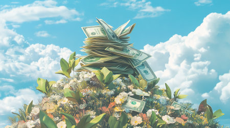 A whimsical scene features a pile of cash atop a vibrant floral hill, set against a picturesque blue sky dotted with fluffy clouds, symbolizing prosperity and growth.の素材