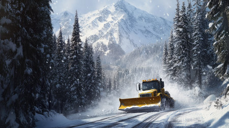 A snow plow navigates a snowy road amidst towering mountains and dense trees. The scene captures the beauty of winter and the essential role of snow removal.の素材