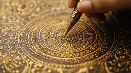 A close-up view of a hand meticulously creating an intricate gold pattern on a rich surface, showcasing the elegance and beauty of skilled craftsmanship and design.の素材