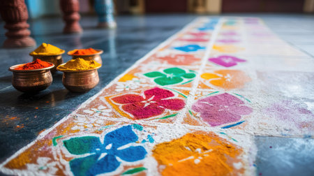 This vibrant image showcases a colorful rangoli design made with bright powders, symbolizing celebration and artistry in traditional festivals, adding beauty to any indoor space.の素材