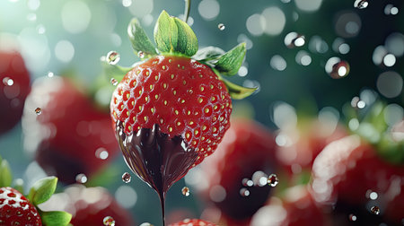 A mouthwatering fresh strawberry coated in rich chocolate, surrounded by glistening water drops. This vibrant image captures the essence of summer indulgence and healthy treats.の素材