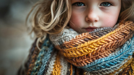 A close-up portrait of a young girl wrapped in a vibrant knitted scarf, evoking warmth and coziness. Her expressive eyes reflect the joys of childhood, captured in a serene winter atmosphere.の素材
