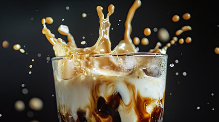 A stunning close-up of a glass filled with coffee and cream, capturing the dynamic splash effect. This image showcases a delicious and refreshing beverage.の素材