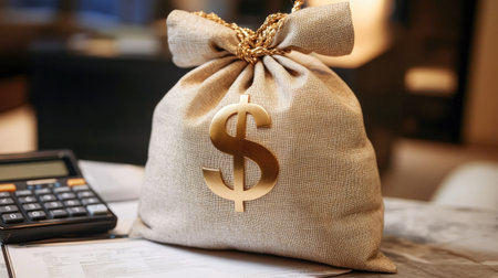 A burlap money bag featuring a prominent dollar sign, symbolizing financial success and wealth. Ideal for concepts around investment, savings, and economic growth.の素材