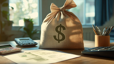A money bag sits on a wooden desk, surrounded by calculators and financial documents, symbolizing savings and investment in a professional workspace.の素材