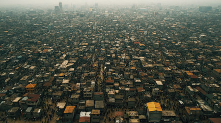 This aerial image showcases a densely populated urban settlement, illustrating the extensive housing structures and living conditions of many communities.の素材