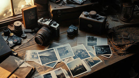 A rustic wooden table features vintage cameras alongside scattered old photographs, reflecting nostalgia and the art of photography. Perfect for creative projects.の素材