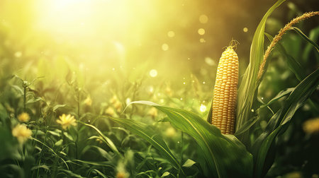 A vibrant corn ear ripens under warm sunlight, showcasing the beauty of nature and agricultural growth. Ideal for themes of farming and sustainability.の素材