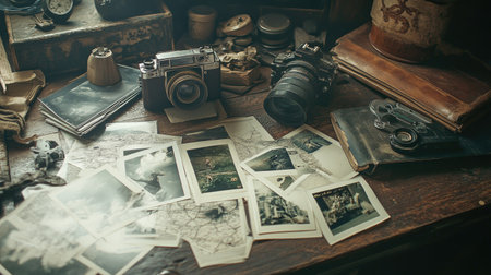 A charming arrangement of vintage cameras and old photographs on a rustic wooden desk, evoking nostalgia and memories of past adventures and experiences.の素材