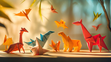 A vibrant arrangement of colorful origami animals showcases creativity in a serene setting. This playful display evokes joy and imagination, perfect for educational purposes or decorative appeal.の素材