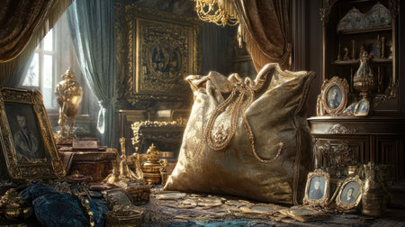 A stunning golden bag rests among an array of exquisite antique treasures, showcasing rich details and opulence in a luxuriously styled interior.の素材