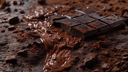 This close-up image showcases melted dark chocolate spreading over a rich cocoa powder surface, highlighting delicious textures and tempting sweetness perfect for culinary inspirations.の素材