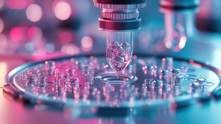 A close-up view of a precision droplet dispensing device over a laboratory plate. The colorful background emphasizes the scientific context, showcasing advanced research techniques.の素材