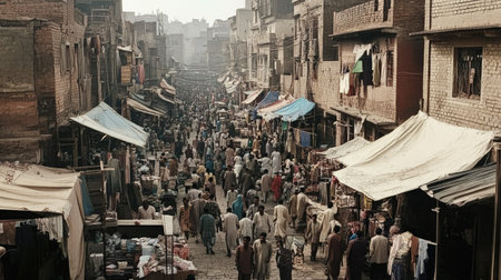 A vibrant street market filled with numerous vendors and a busy crowd. The scene captures daily life, commerce, and cultural exchanges in an urban environment richly detailed with stalls and architecture.の素材