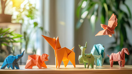 A vibrant arrangement of origami animals, including a fox and an elephant, crafted from colorful paper, showcasing creativity and artful design in natural light.の素材