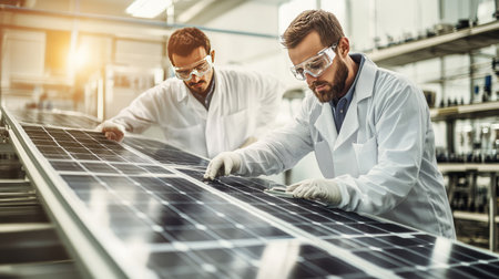 Two engineers carefully inspect solar panels in a high-tech manufacturing facility. They focus on quality control, embodying teamwork and dedication to clean energy solutions.の素材