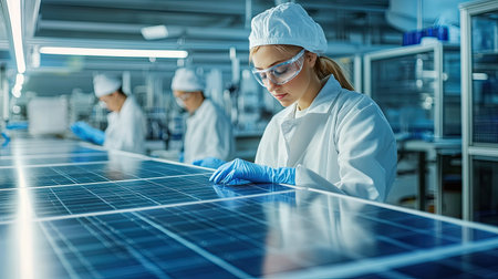 A female technician carefully inspects solar panels in a clean room environment, showcasing dedication to renewable energy technology and quality control in production.の素材