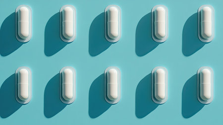 Array of white capsules displayed on a smooth blue background, showcasing shadows for depth. Ideal for healthcare and wellness themes in visual content.の素材