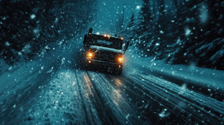 A truck makes its way through a harsh winter storm, navigating snowy roads. The headlights pierce the darkness, emphasizing the struggle against poor visibility and challenging conditions.の素材