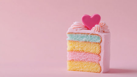 Delight in this colorful layered cake featuring pink, yellow, and blue layers, topped with a heart decoration. Perfect for celebrations and special occasions.の素材