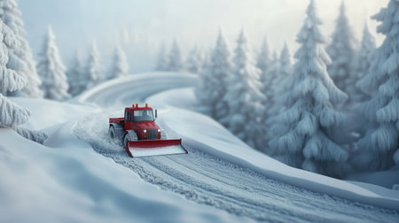 A red snowplow navigates a winding, snowy road surrounded by tall pine trees. The winter scene captures the essence of cold weather and snow management.の素材