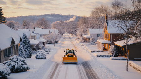A beautiful winter morning scene of a snow-covered street with a snow plow clearing the way in a peaceful residential neighborhood.の素材