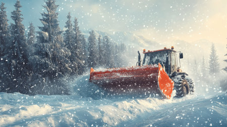 A snow plow works diligently to clear a snowy path amidst a winter landscape. Heavy snowfall surrounds towering trees and mountains, creating a serene yet powerful scene.の素材