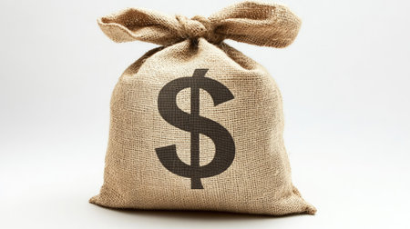 A burlap sack with a prominent dollar sign, symbolizing financial growth and wealth. Ideal for concepts related to finance, savings, and investment.の素材
