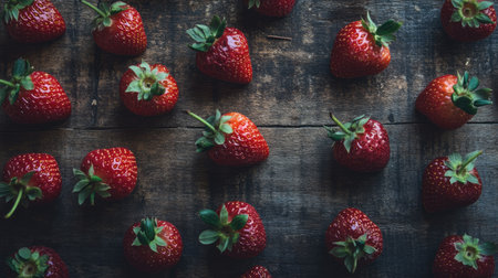 A beautiful array of fresh red strawberries is neatly arranged on a rustic wooden table. This vibrant display captures the natural beauty and freshness of seasonal fruit, perfect for culinary inspiration.の素材