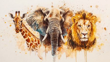 Captivating watercolor artwork showcasing the elegance of an elephant, lion, and giraffe, highlighting the beauty and diversity of wildlife in a vibrant style.の素材