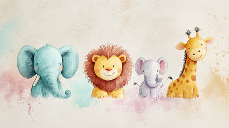 Colorful watercolor illustration featuring cute cartoon animals, including an elephant, lion, giraffe, and baby elephant. Perfect for children's decor and nursery art.の素材