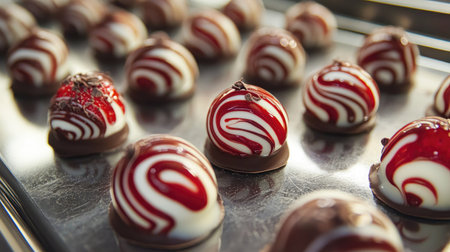 A close-up view of decorative chocolate treats displaying vibrant swirls and a glossy finish. Perfect for festive occasions and dessert tables.の素材