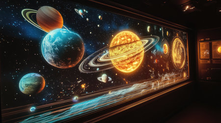 Vibrant and captivating digital art showcasing a striking arrangement of planets and celestial bodies, illustrating the beauty and mystery of the universe.の素材