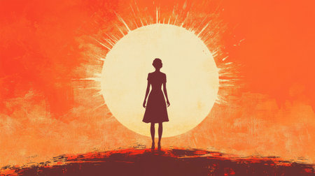 A captivating silhouette of a woman stands against a vibrant sunrise, evoking feelings of serenity and inspiration. The artistic depiction highlights the interplay of light and shadow, creating a dramatic and warm atmosphere.の素材