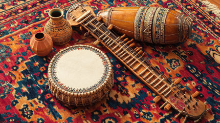 A stunning arrangement of traditional musical instruments resting on a vibrant, patterned textile. Featuring a drum, string instrument, and decorative pots, this photograph captures the essence of cultural artistry and music heritage.の素材