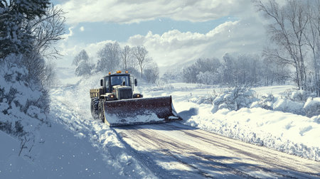 A tractor equipped with a snow plow clears a snow-covered road, showcasing a serene winter landscape with trees and a cloudy sky. The scene captures the essence of winter maintenance.の素材