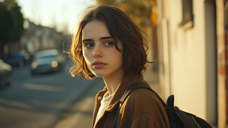 A thoughtful young woman with short hair stands on a city street, capturing an emotional moment in golden sunlight. Her casual style and serene expression evoke a sense of reflection and tranquility.の素材