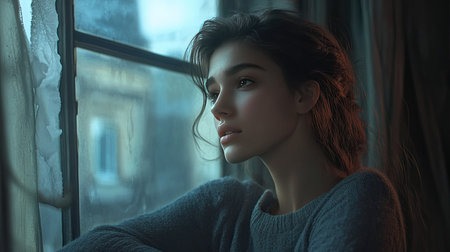 A serene portrait of a young woman gazing thoughtfully out of a rainy window during dusk. The soft light and warm tones create a peaceful atmosphere, evoking emotion and contemplation.の素材