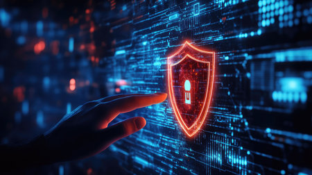 A hand approaches a glowing shield symbolizing digital security, set against a high-tech backdrop of blue and orange data streams, emphasizing the importance of cybersecurity and data protection.の素材