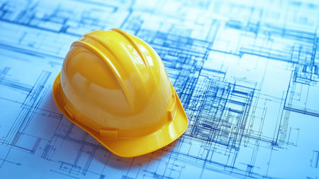A vibrant yellow safety helmet rests on detailed architectural blueprints, representing the essential role of safety and planning in construction and engineering projects.の素材