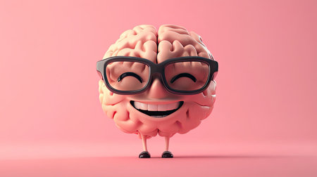This delightful cartoon brain character, adorned with glasses and a joyful expression, embodies intelligence and creativity in a vibrant pink setting. Ideal for educational themes.の素材