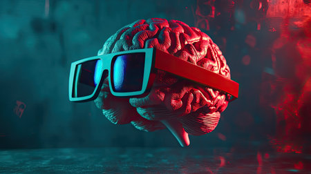 This artistic image features a brain adorned with sunglasses, set against bold red and blue lighting. It represents creativity and technology in a modern, abstract style.の素材