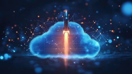 A stunning digital illustration of a rocket launching from a cloud with glowing connections, symbolizing the excitement of technological advancement and exploration in a futuristic landscape.の素材