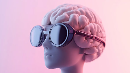 This striking image features a mannequin with a brain-shaped head wearing stylish glasses, blending artistic expression with themes of cognition and perception against a vibrant backdrop.の素材