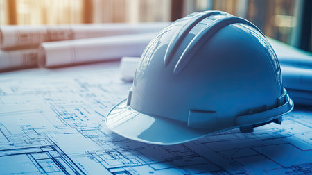 A safety helmet rests on detailed architectural blueprints, symbolizing careful planning and teamwork in the construction industry within a bright, modern workspace.の素材