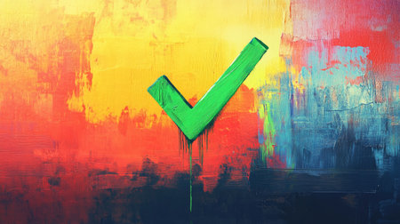 This vibrant abstract artwork showcases a green checkmark on a dynamic background of red and yellow, symbolizing achievement and positivity in a visually striking manner.の素材