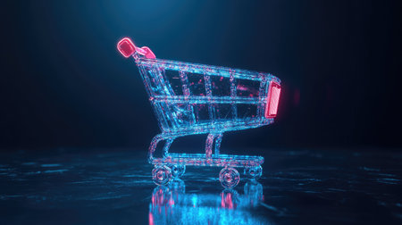 A vibrant 3D render of a neon shopping cart against a dark backdrop, perfect for illustrating e-commerce themes, technology trends, or modern retail concepts.の素材
