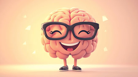 This vibrant illustration features a playful cartoon brain character with glasses, smiling and standing joyfully against a light background, ideal for educational and creative themes.の素材