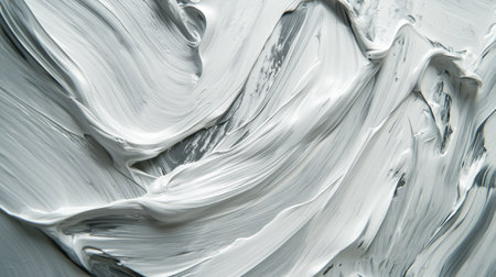 A close-up view of swirled white paint on canvas, emphasizing smooth brush strokes in an abstract design, ideal for creative backgrounds and artistic compositions.の素材