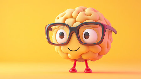 Adorable brain character wearing glasses stands against a vibrant yellow backdrop, conveying a sense of joy, fun, and creativity suitable for educational themes or kids' content.の素材